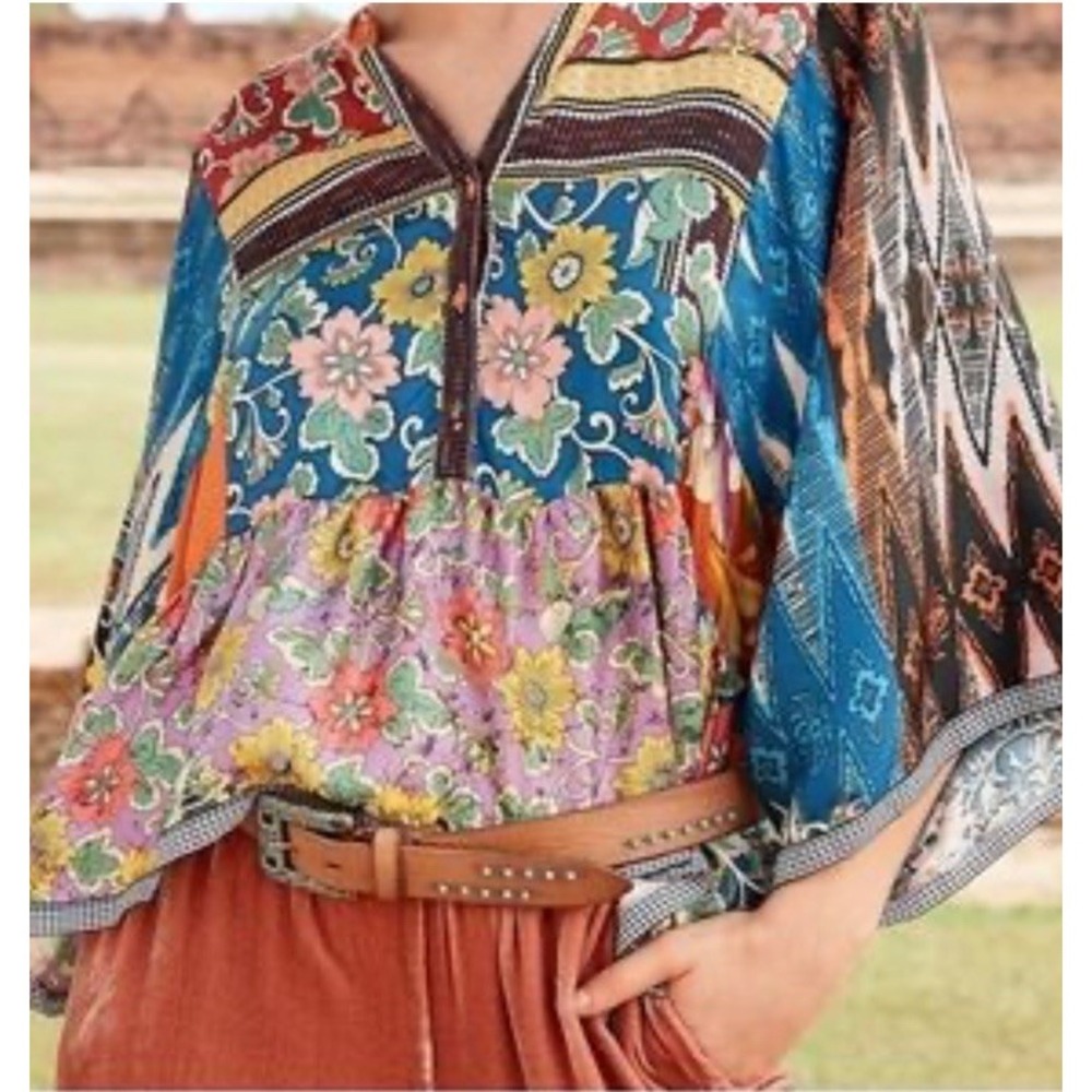 NWT JOHNNY WAS Miranda Mixed Silk Floral Print Blouse Multicolor Size XL